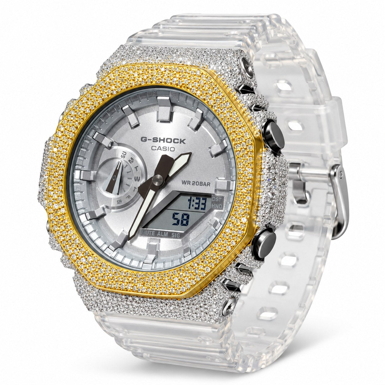 Iced out moissanite G-Shock GA-2100 watch with two-tone iced bezel and clear band – bust down G-Shock