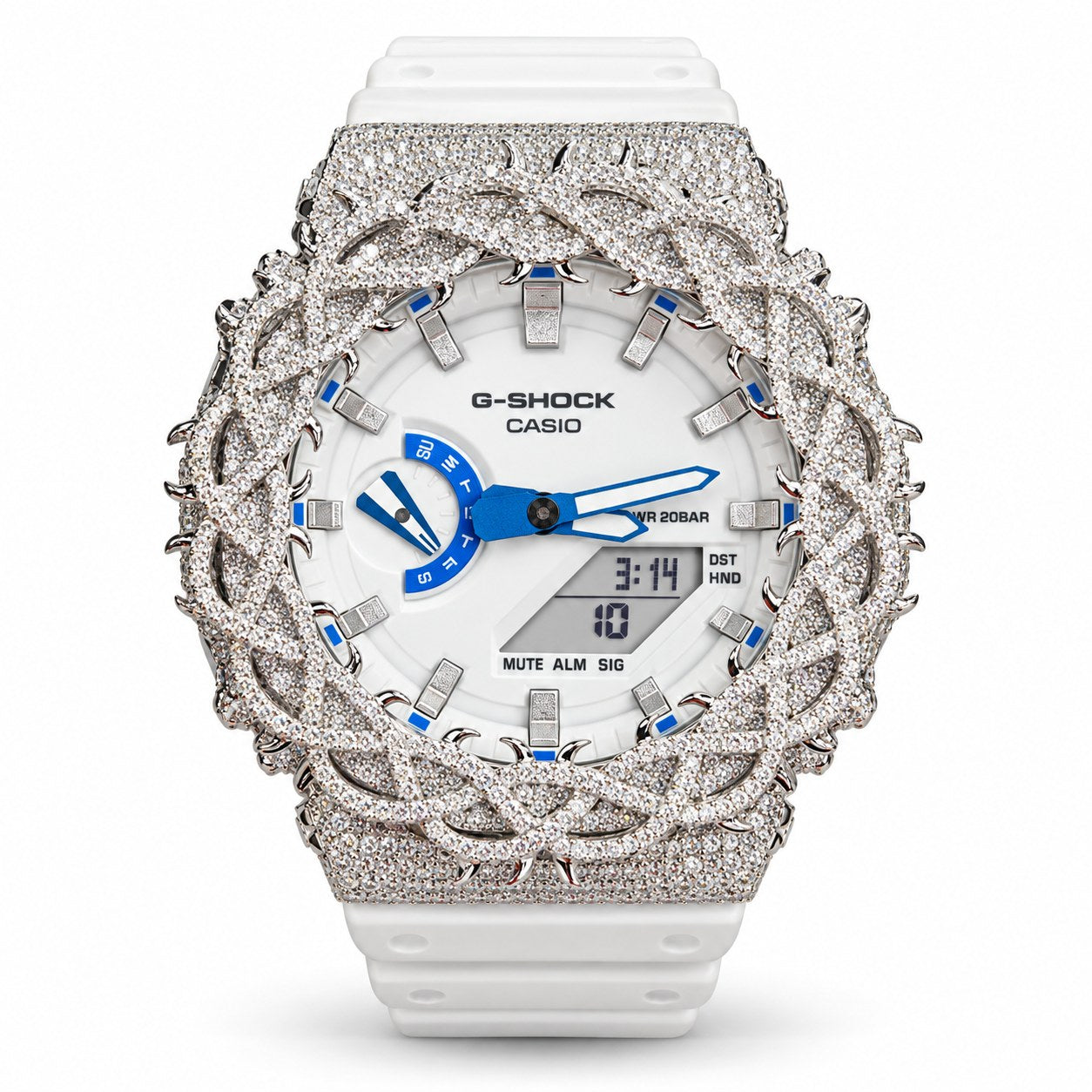Iced out moissanite G-Shock GA-2100 watch with white dial and barbed wire bezel – custom bust down CasiOak