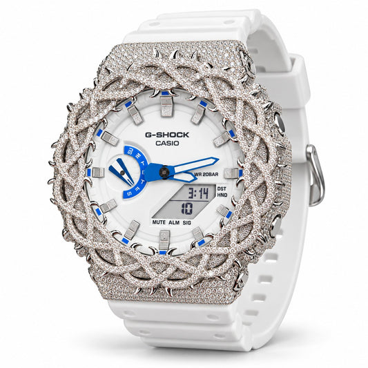 Iced out moissanite G-Shock GA-2100 watch with white dial and barbed wire bezel – front view