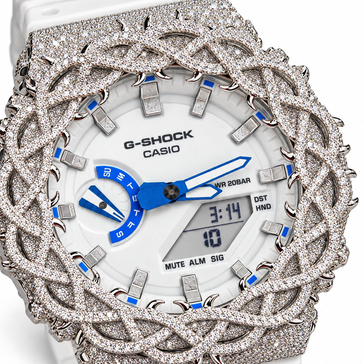 Iced out moissanite G-Shock GA-2100 watch with white dial and barbed wire bezel – fully iced moissanite case and bezel