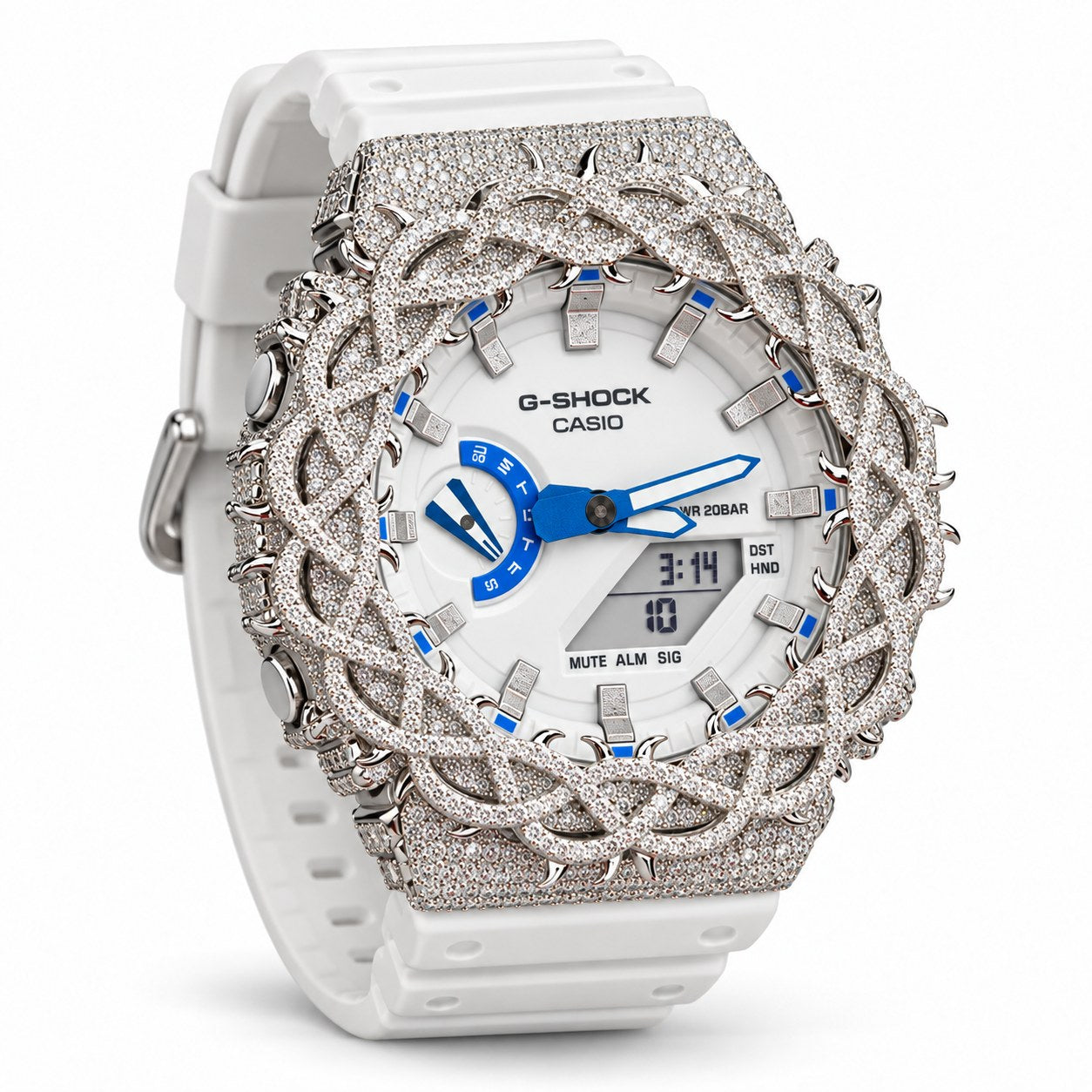Iced out moissanite G-Shock GA-2100 watch with white dial and barbed wire bezel – men's hip hop iced out watch
