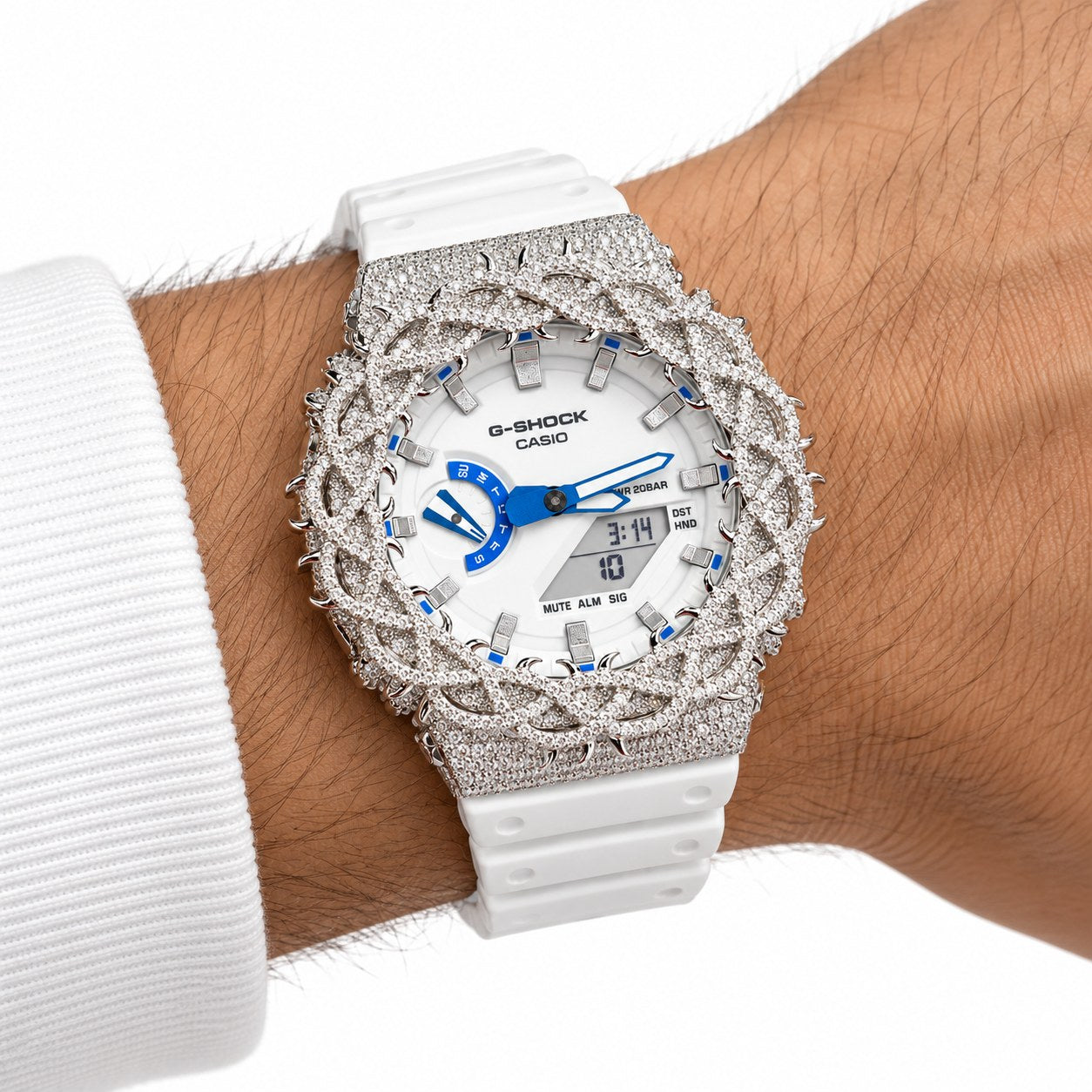 Iced out moissanite G-Shock GA-2100 watch with white dial and barbed wire bezel – custom iced G-Shock