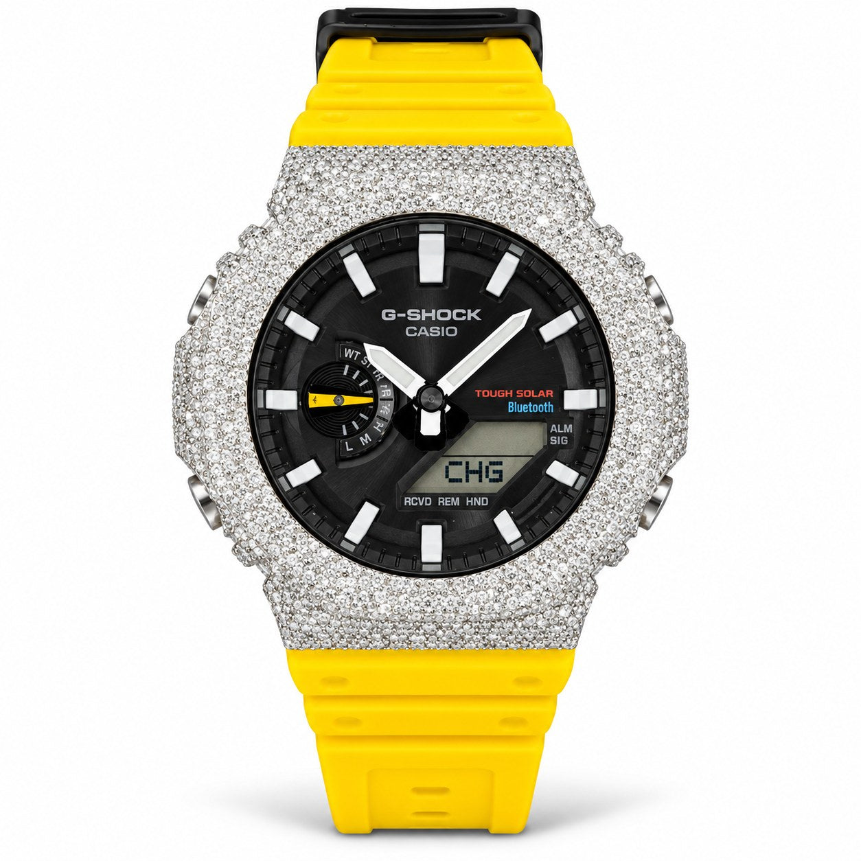 Iced out moissanite G-Shock GA-2100 watch with black dial and yellow band – front view