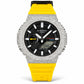 Iced out moissanite G-Shock GA-2100 watch with black dial and yellow band – front view
