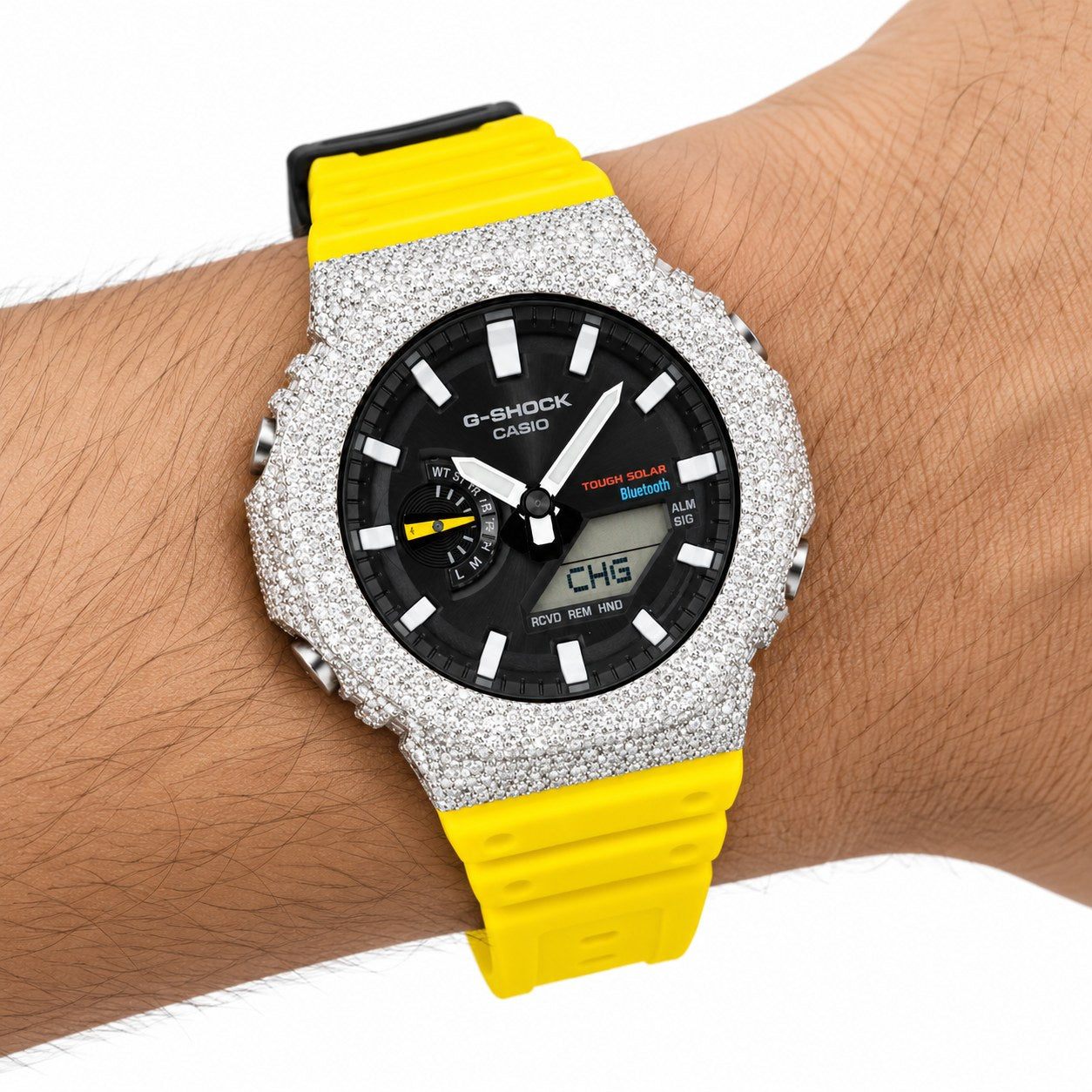 Iced out moissanite G-Shock GA-2100 watch with black dial and yellow band – custom bust down CasiOak