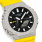 Iced out moissanite G-Shock GA-2100 watch with black dial and yellow band – fully iced moissanite case and bezel