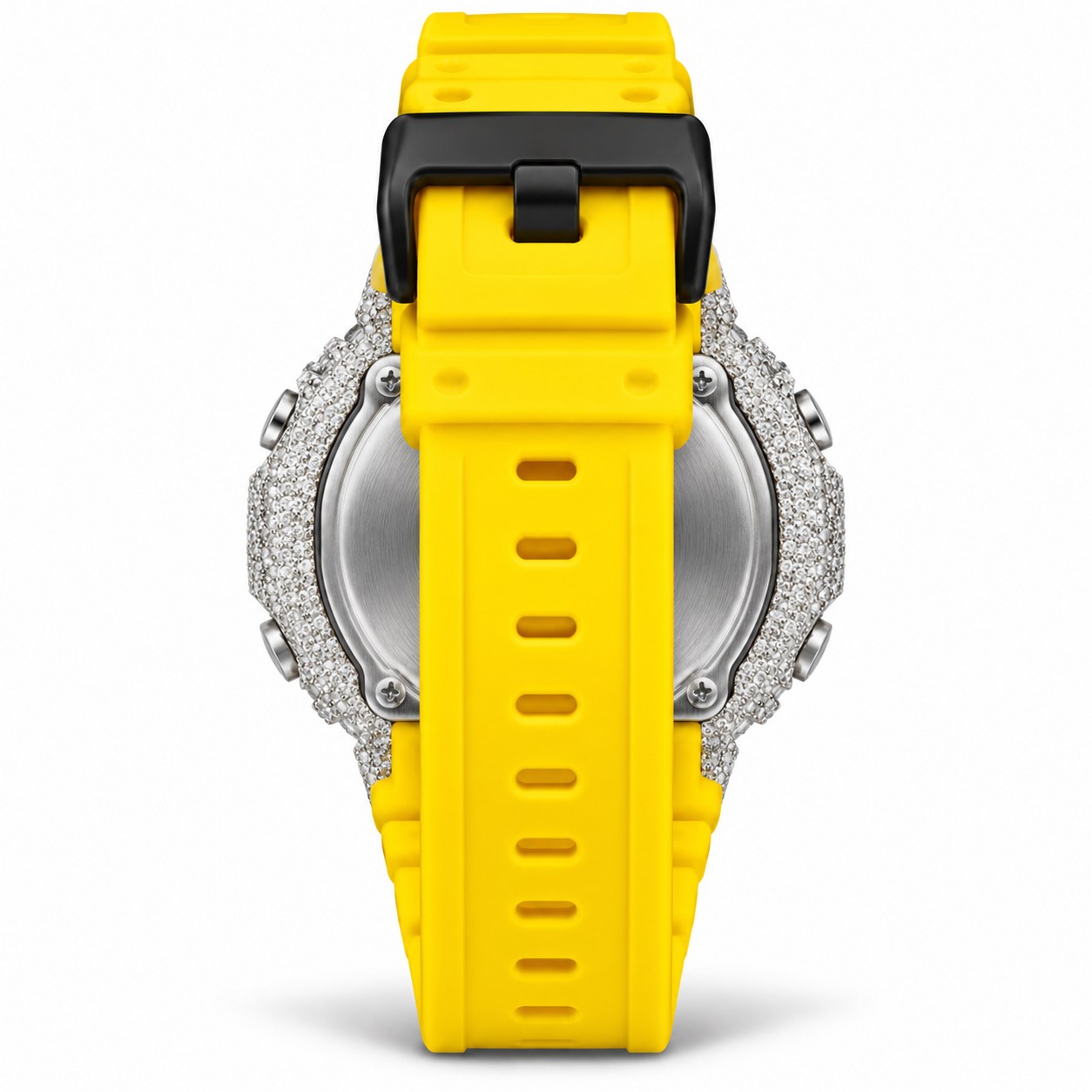 Iced out moissanite G-Shock GA-2100 watch with black dial and yellow band – men's hip hop iced out watch