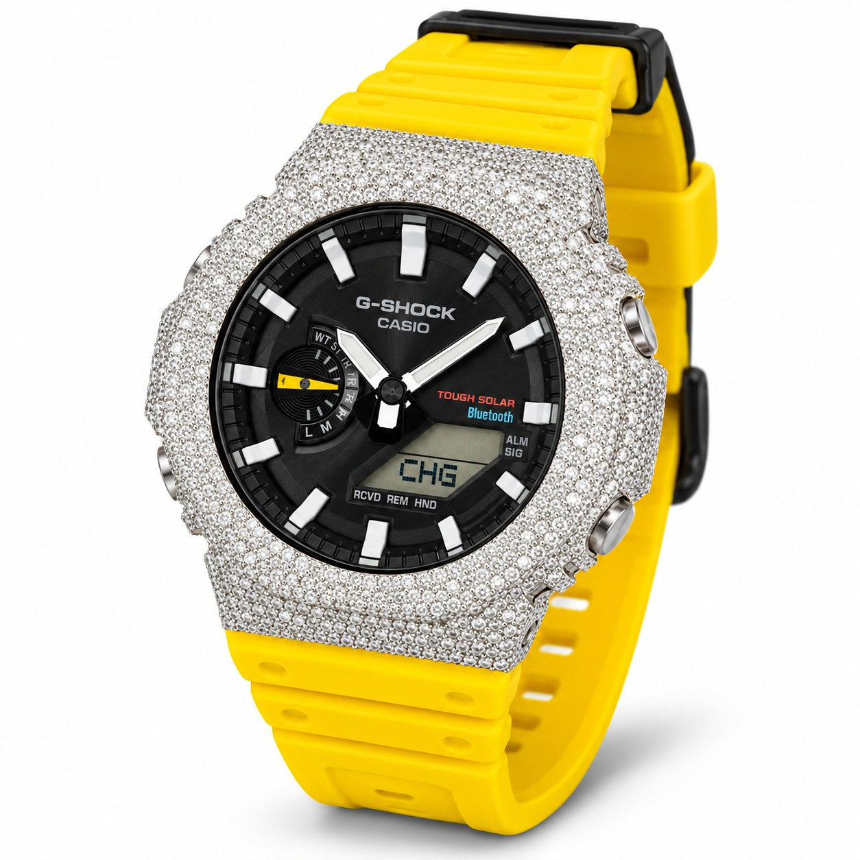 Iced out moissanite G-Shock GA-2100 watch with black dial and yellow band – custom iced G-Shock