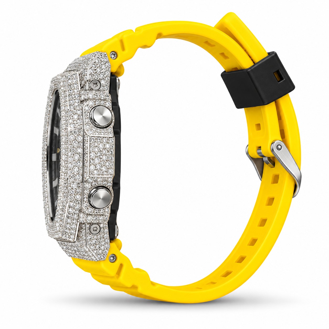 Iced out moissanite G-Shock GA-2100 watch with black dial and yellow band – moissanite bust down watch