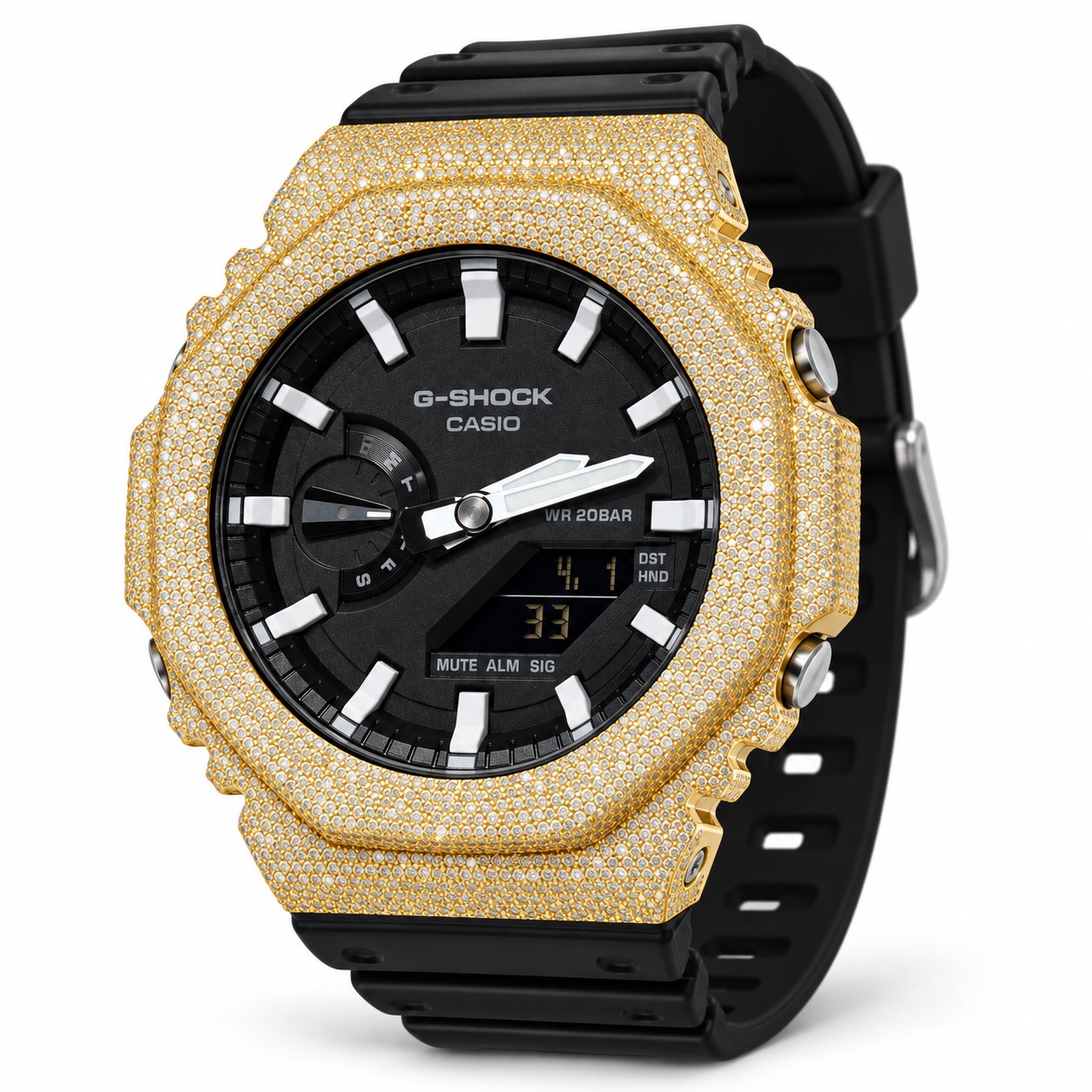 Iced out moissanite G-Shock GA-2100 watch with yellow iced bezel and black dial – front view