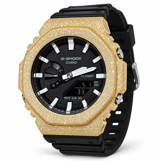 Iced out moissanite G-Shock GA-2100 watch with yellow iced bezel and black dial – front view