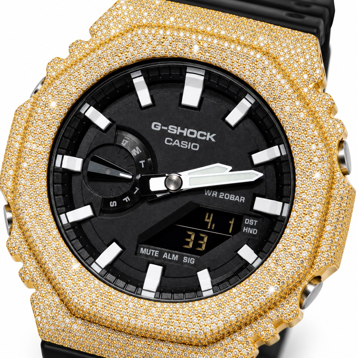 Iced out moissanite G-Shock GA-2100 watch with yellow iced bezel and black dial – men's hip hop iced out watch