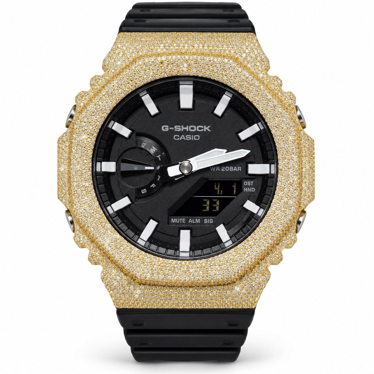 Iced out moissanite G-Shock GA-2100 watch with yellow iced bezel and black dial – custom iced G-Shock