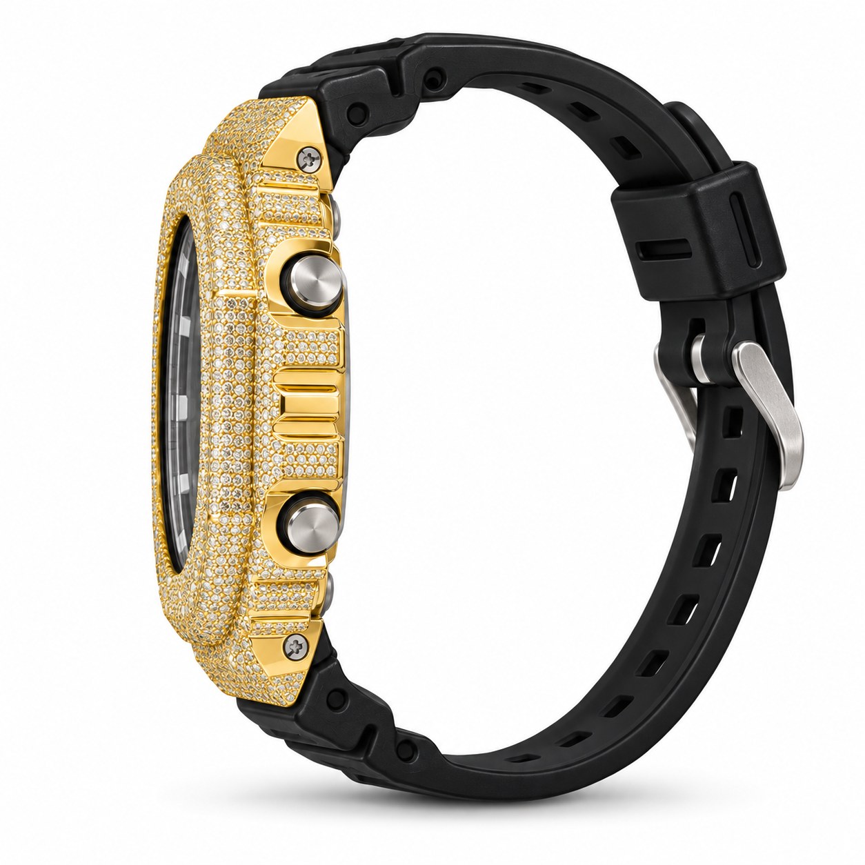 Iced out moissanite G-Shock GA-2100 watch with yellow iced bezel and black dial – moissanite bust down watch