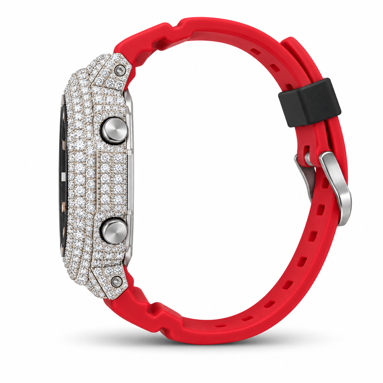 Iced out G-Shock watch with red band and black dial - angle