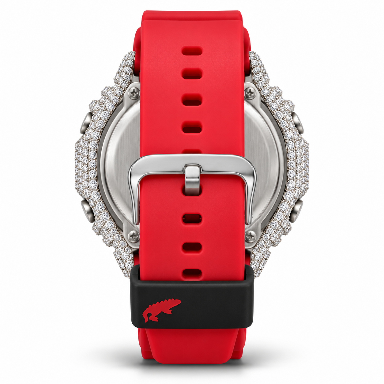 Iced out G-Shock watch with red band - back