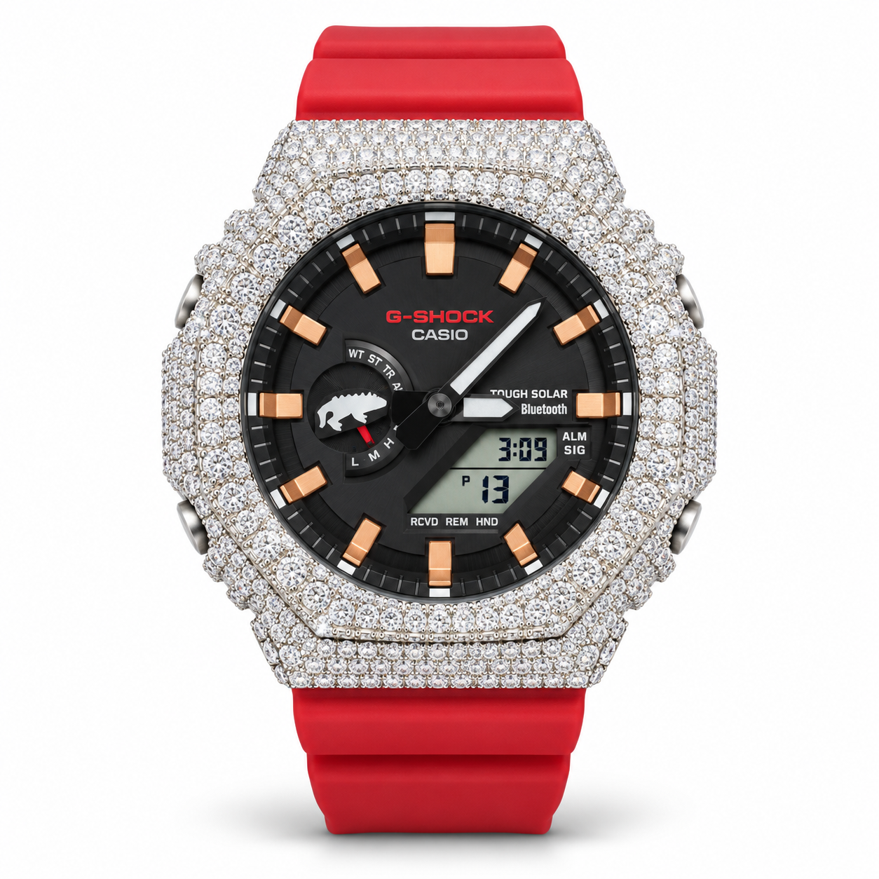 Iced out G-Shock watch with red band and black dial - front