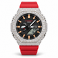 Iced out G-Shock watch with red band and black dial - front