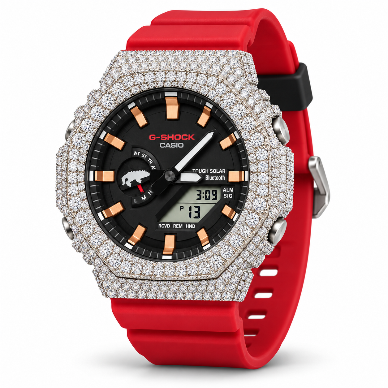 Iced out G-Shock watch with red band - side view