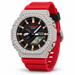 Iced out G-Shock watch with red band - side view