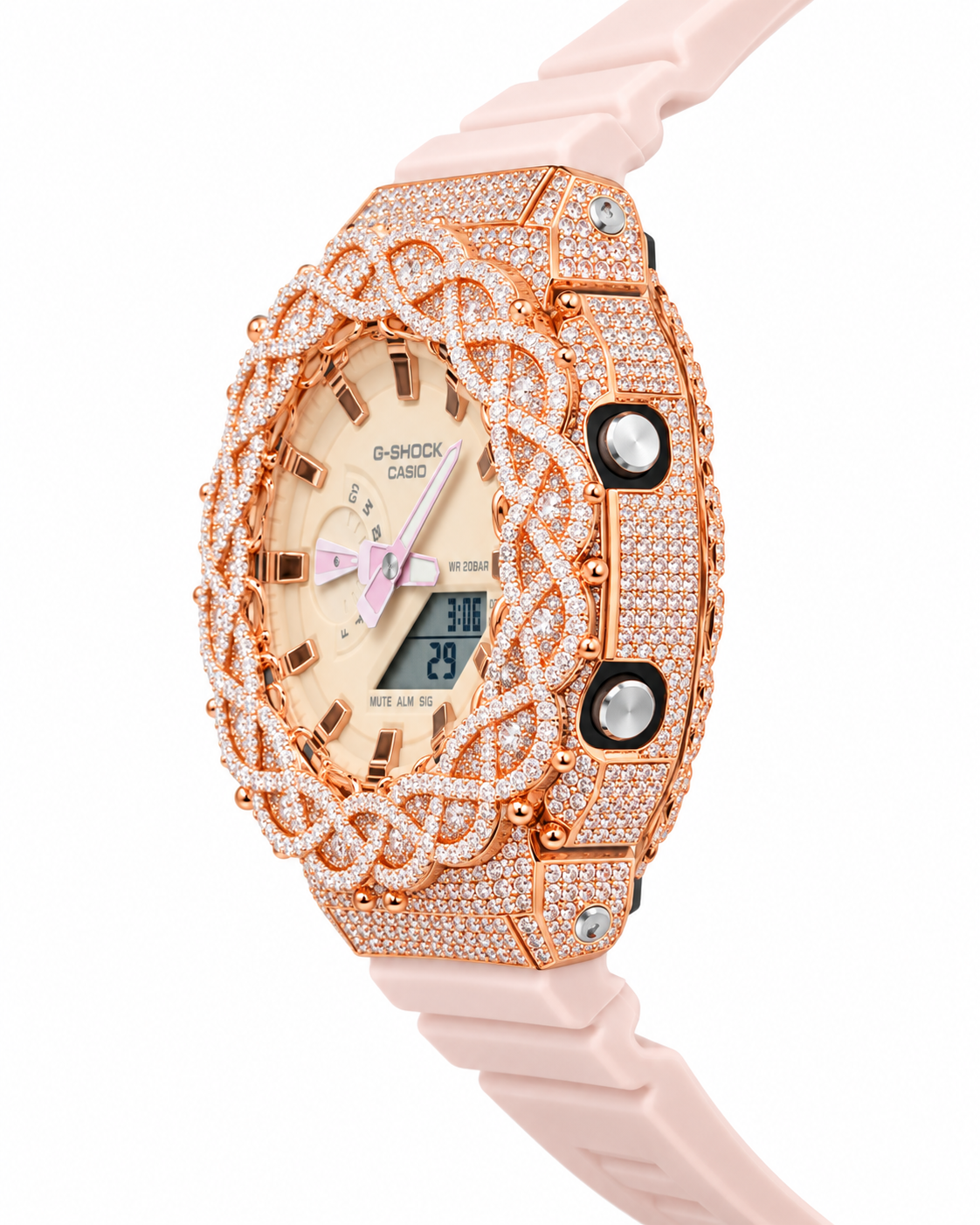 Iced out rose gold G-Shock watch with blush pink band - angle