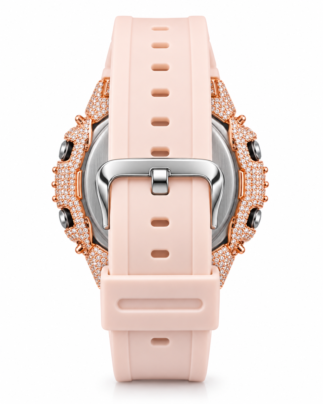 Iced out rose gold G-Shock watch with blush pink band - back