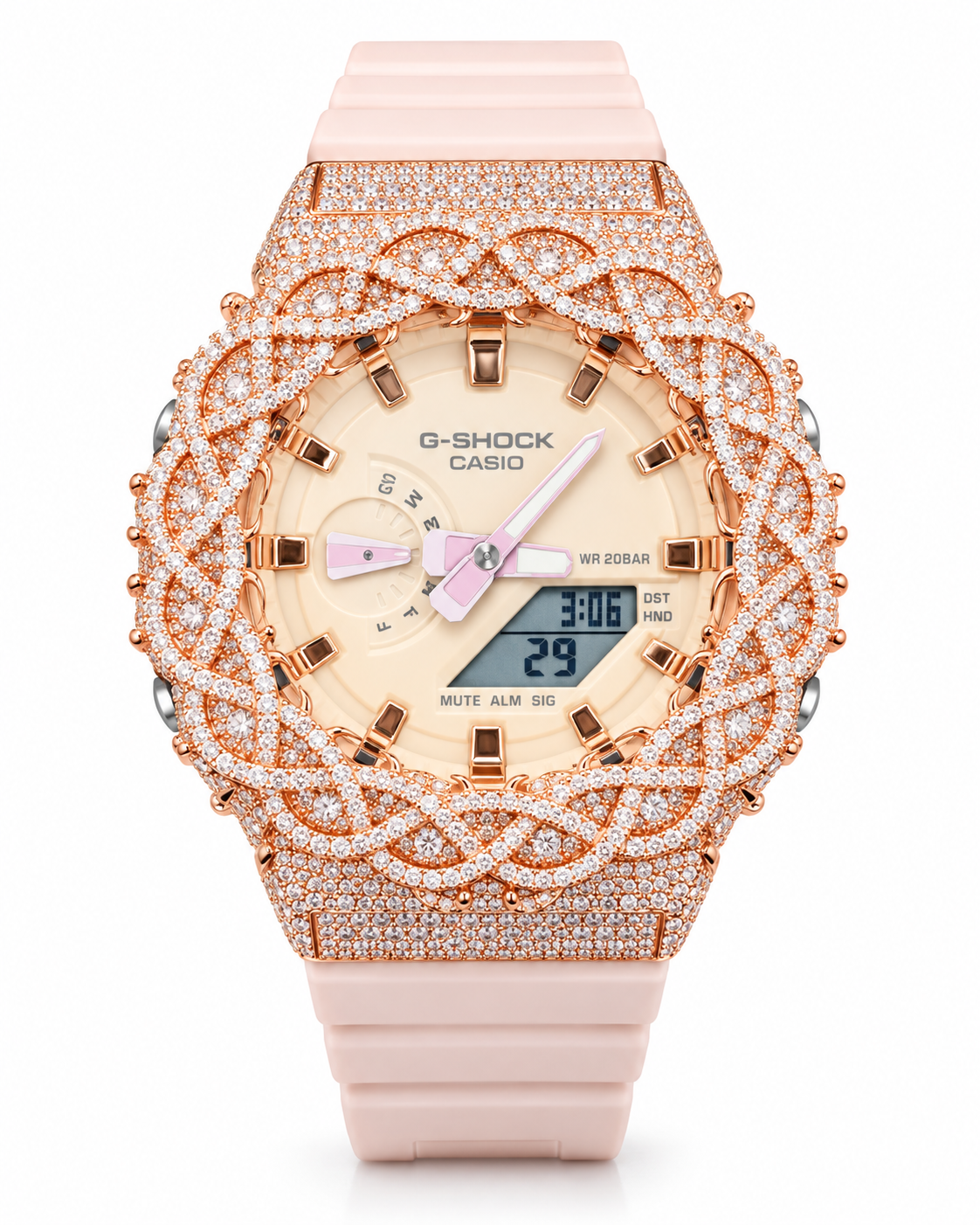 Iced out rose gold G-Shock watch with blush pink band - front