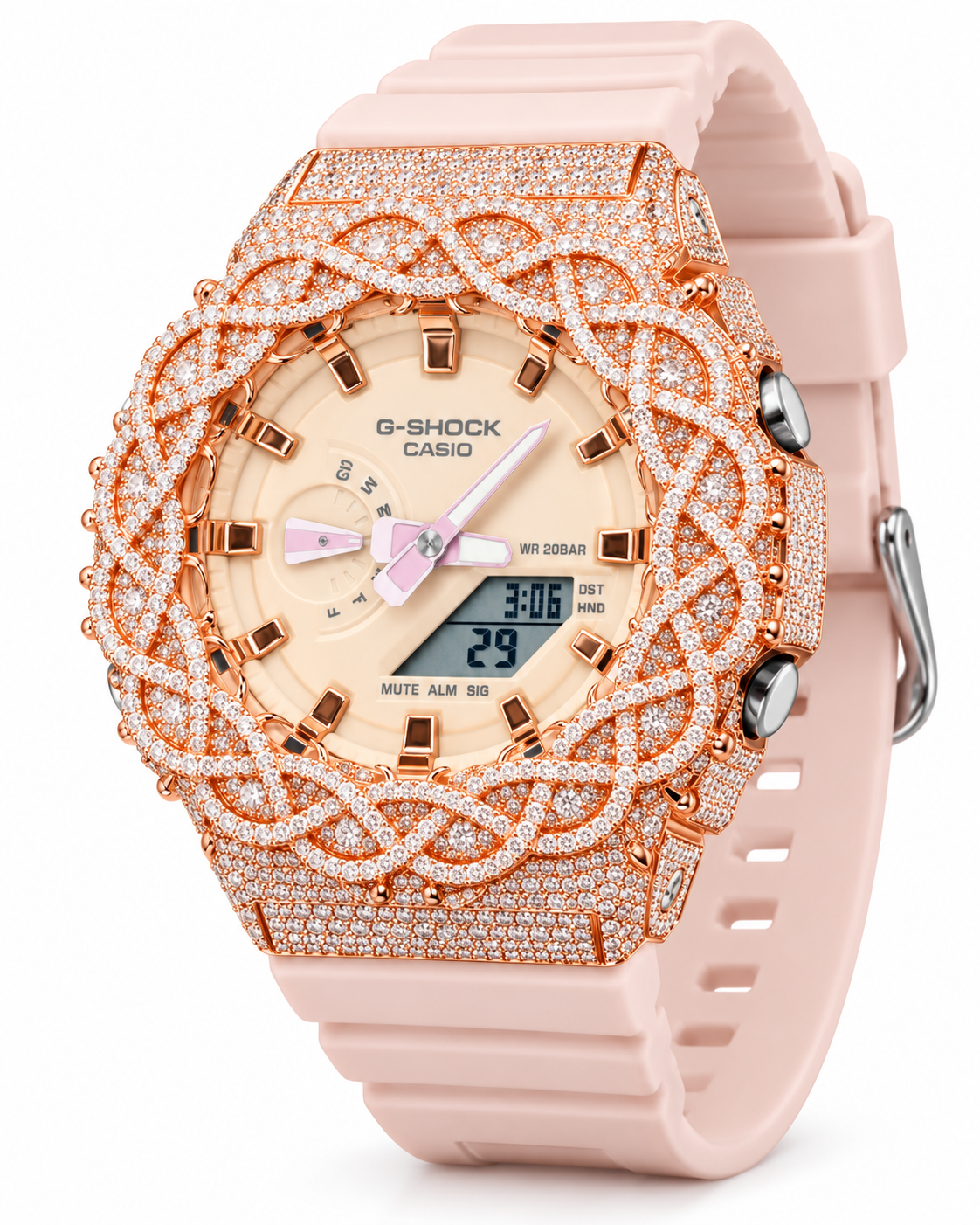 Iced out rose gold G-Shock watch with blush pink band - side view
