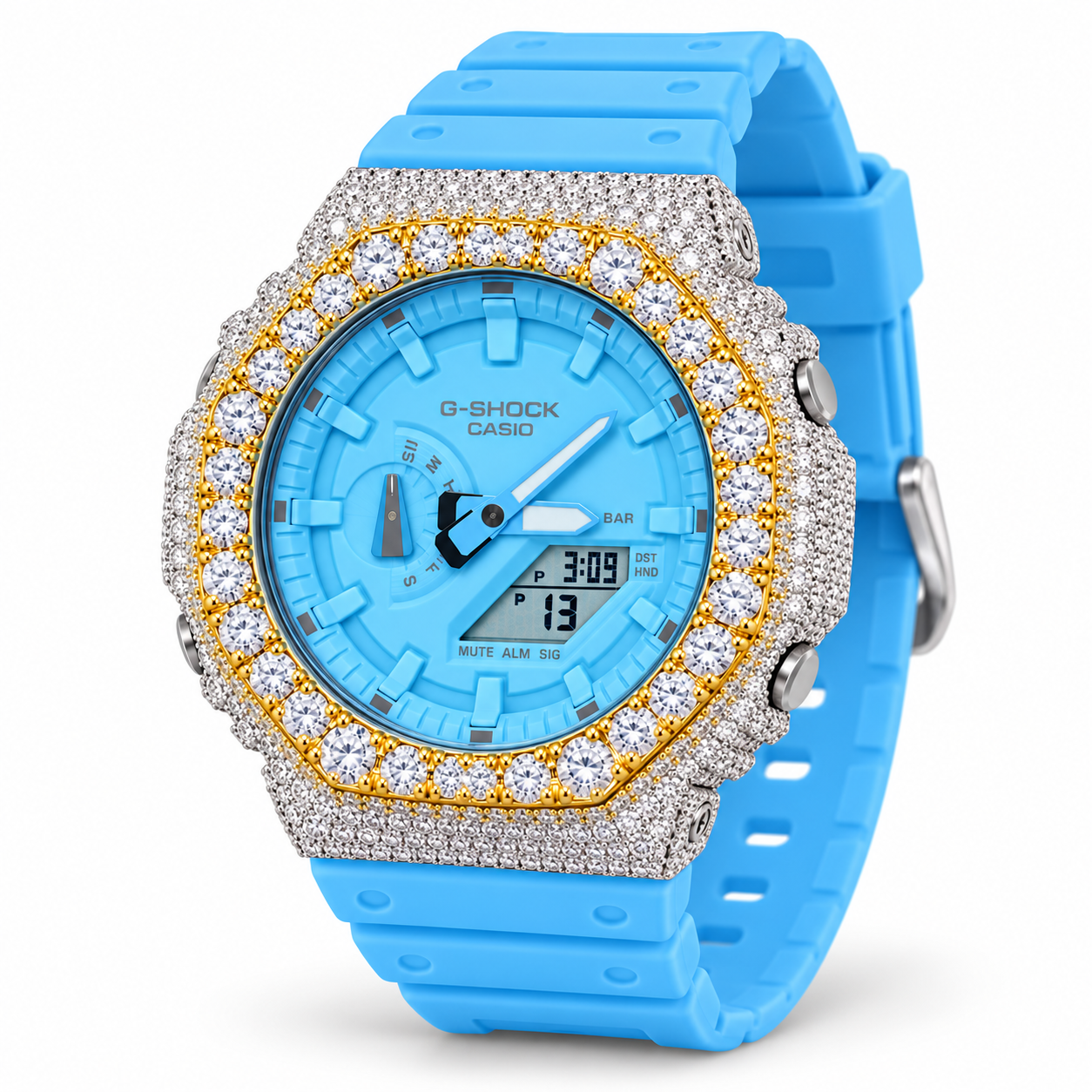Iced out G-Shock watch with sky blue band and gold-accent bezel - angle
