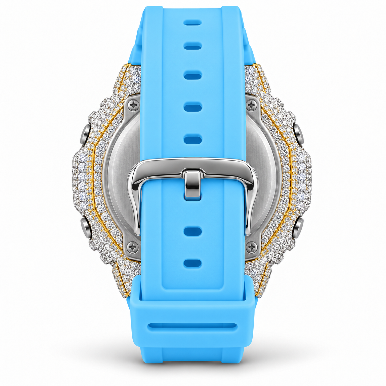 Iced out G-Shock watch with sky blue band - back