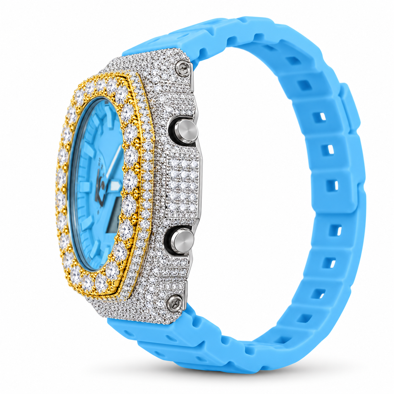 Iced out G-Shock watch with sky blue band - side view