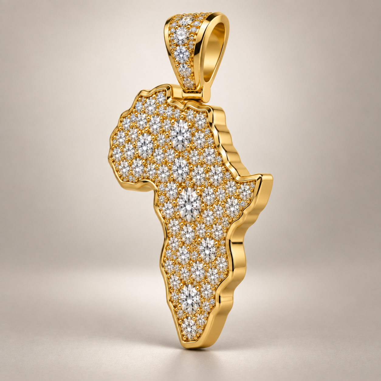 Custom gold and diamond Africa Map pendant front view
