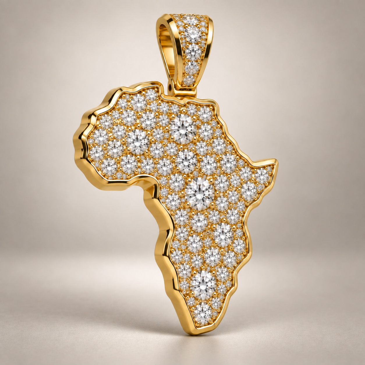 Custom gold and diamond Africa Map pendant angled view
