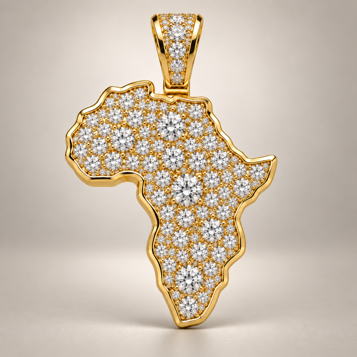 Custom gold and diamond Africa Map pendant detail view