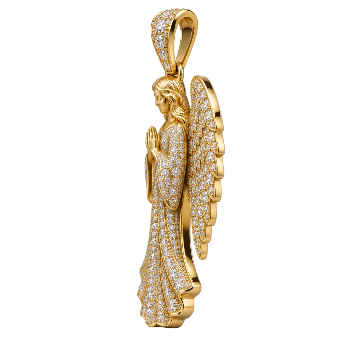 Custom gold and diamond Angel pendant side profile