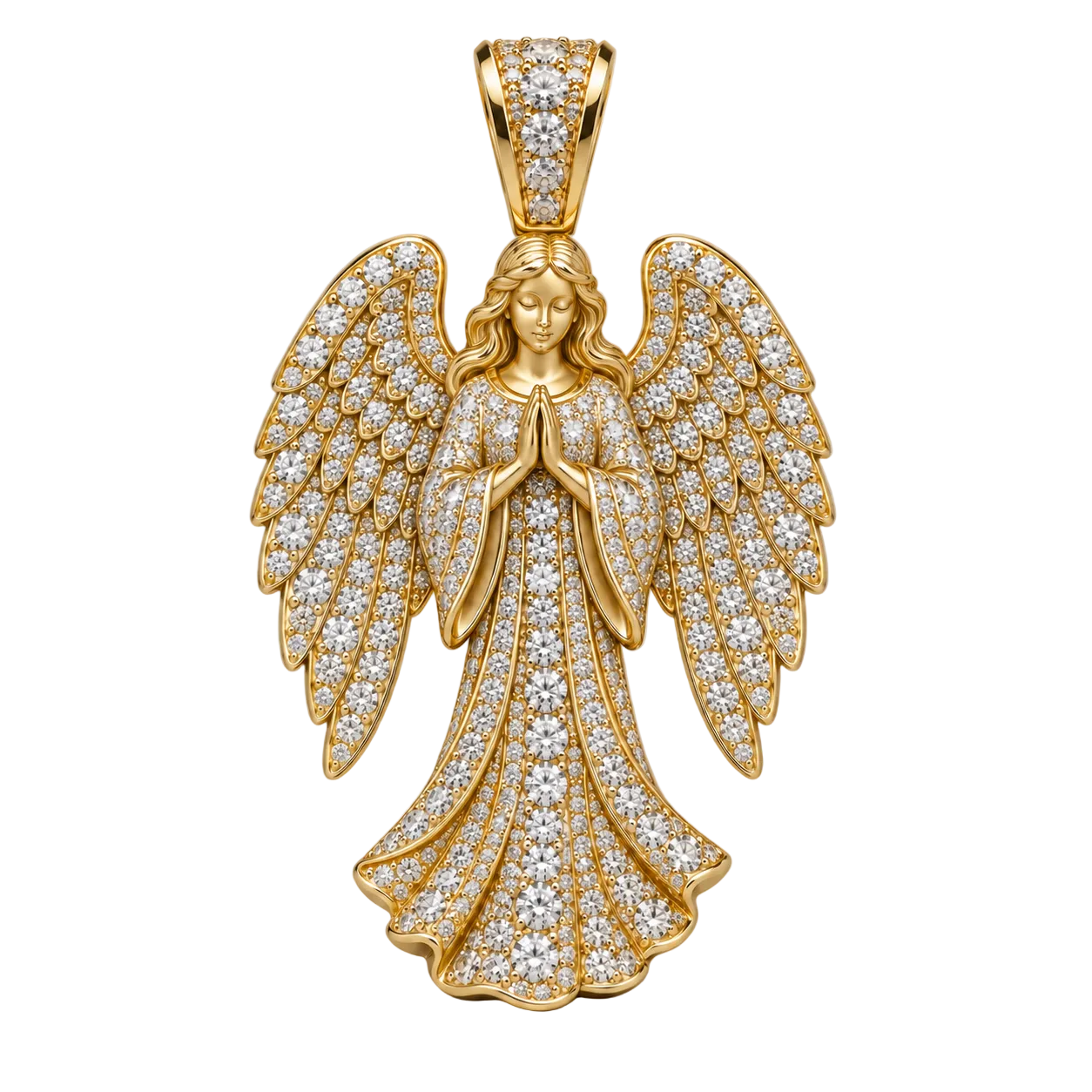Custom gold and diamond Angel pendant detail view