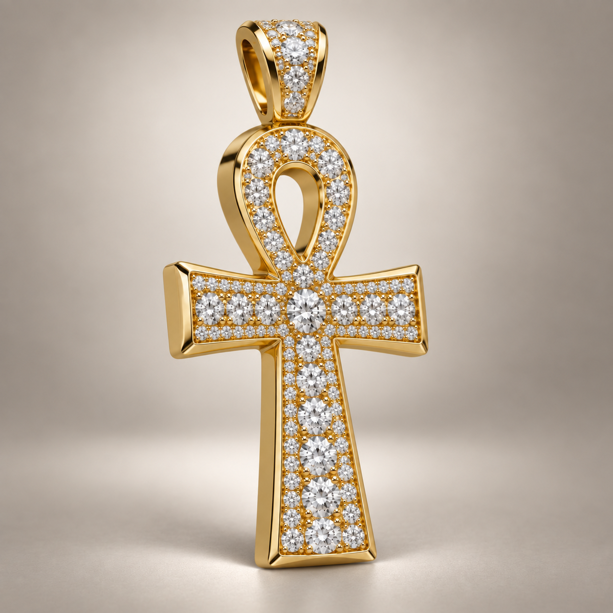 Custom gold and diamond Ankh pendant angled view