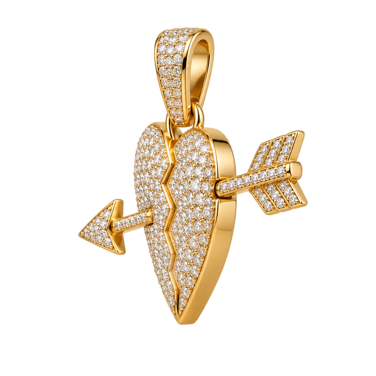 Custom gold and diamond Broken Heart Arrow pendant front view