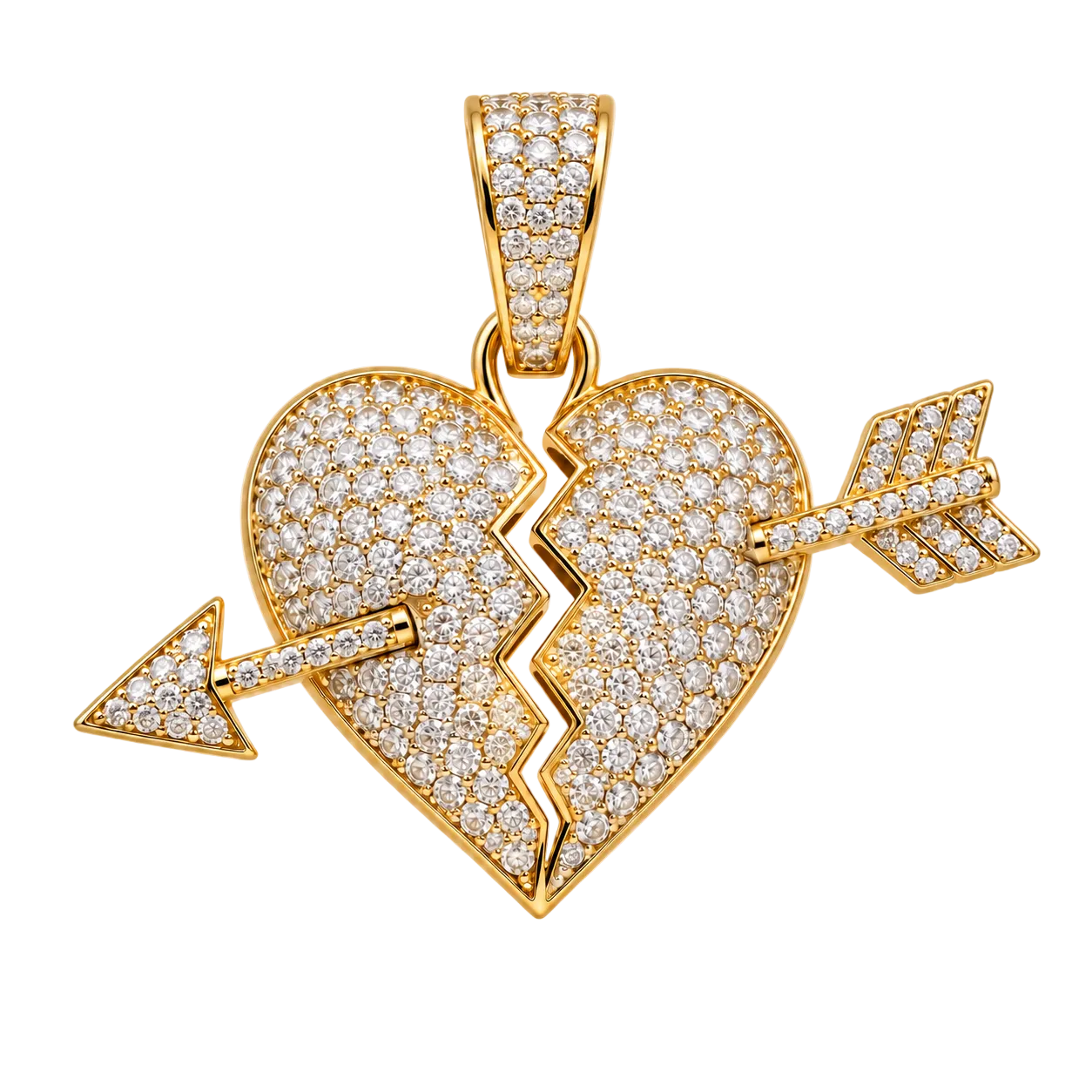 Custom gold and diamond Broken Heart Arrow pendant detail view