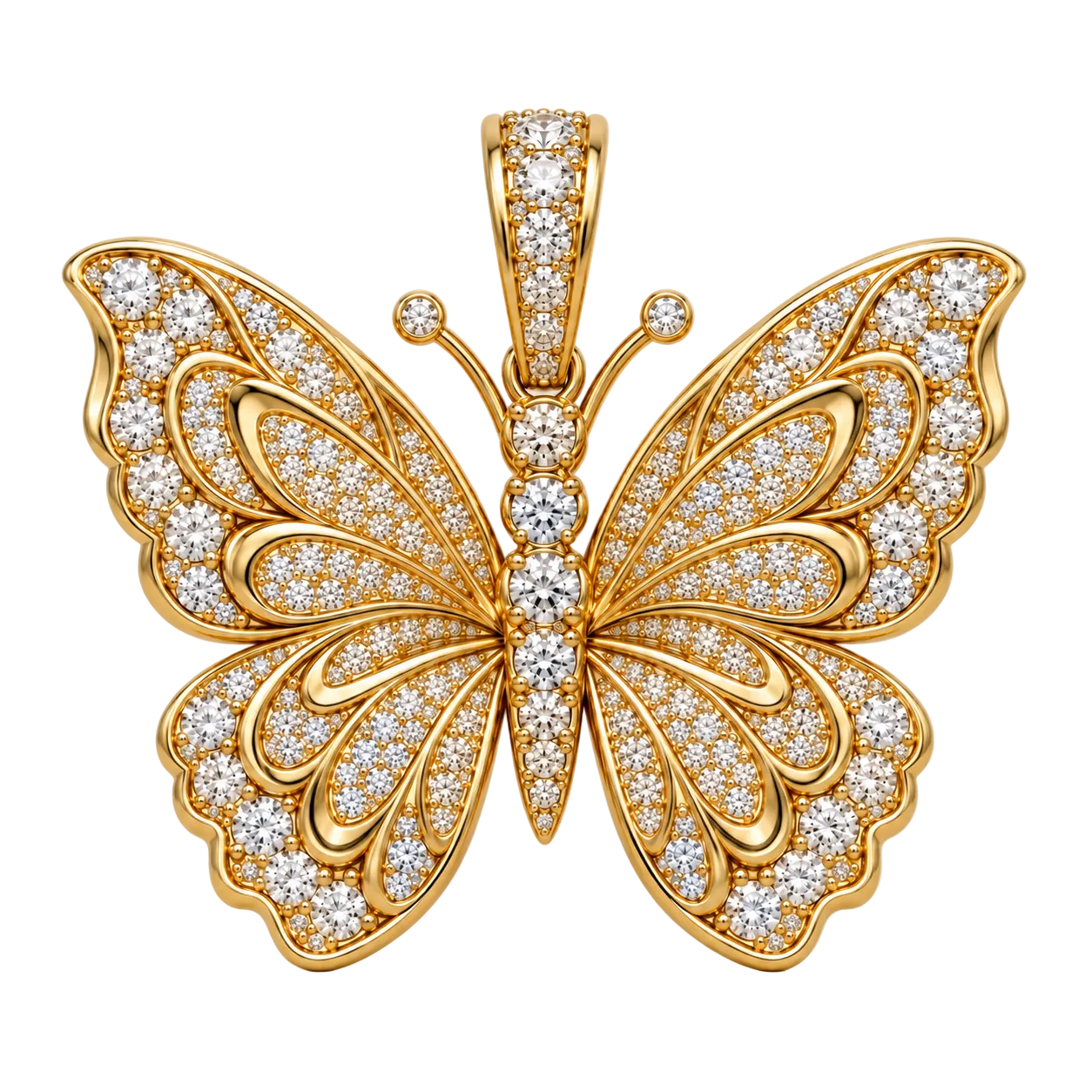 Custom gold and diamond Butterfly pendant angled view
