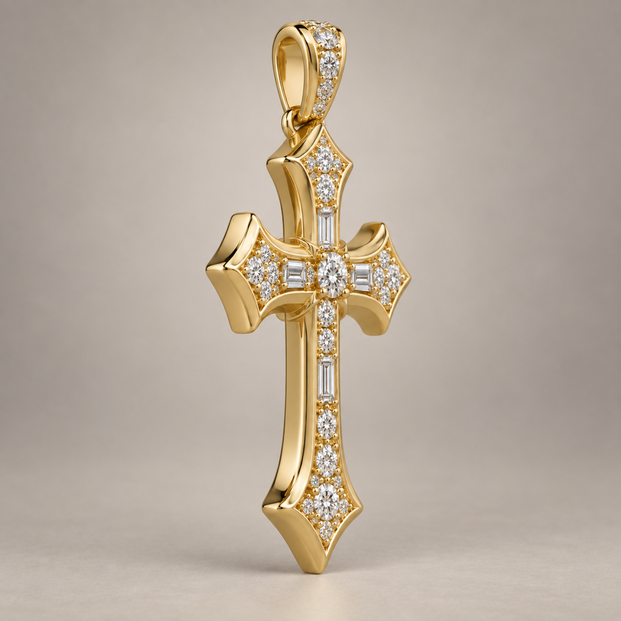 Custom gold and diamond Cross pendant side profile