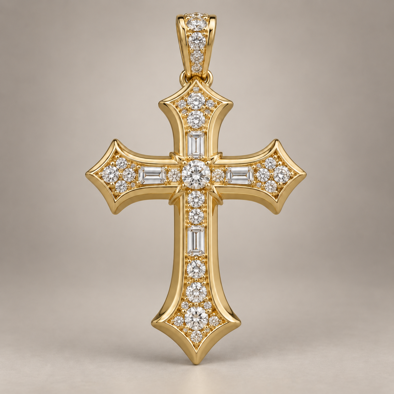 Custom gold and diamond Cross pendant angled view