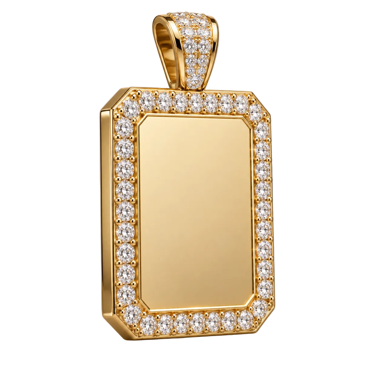 Custom gold and diamond Dog Tag pendant angled view