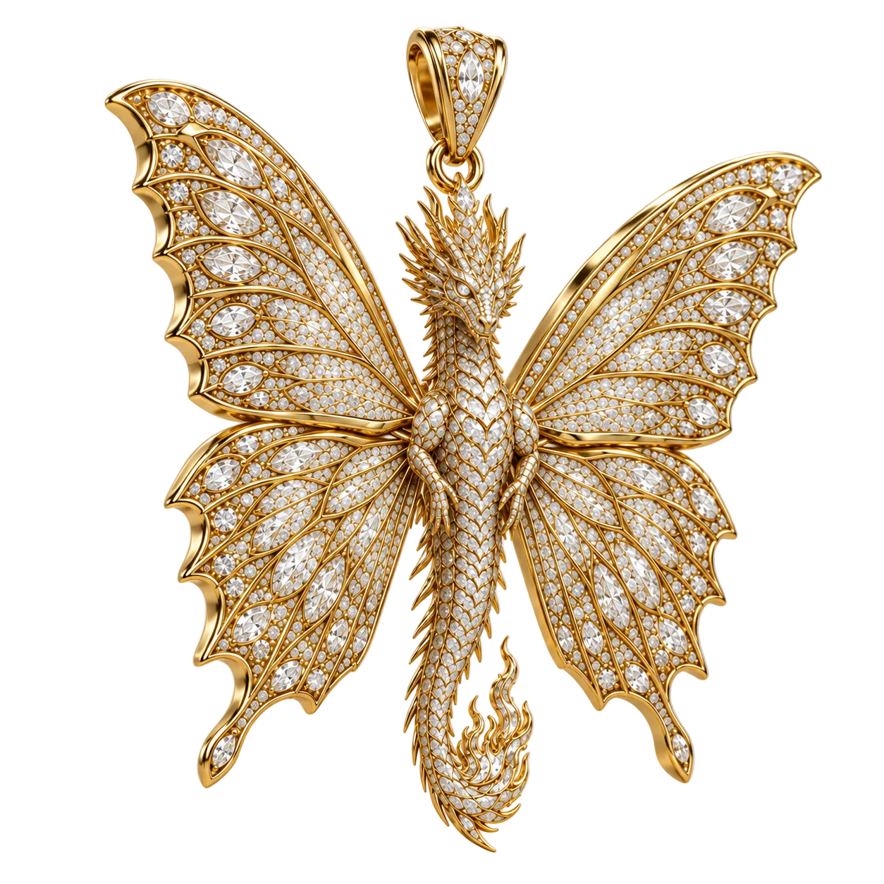 Custom gold and diamond Dragon Butterfly pendant angled view