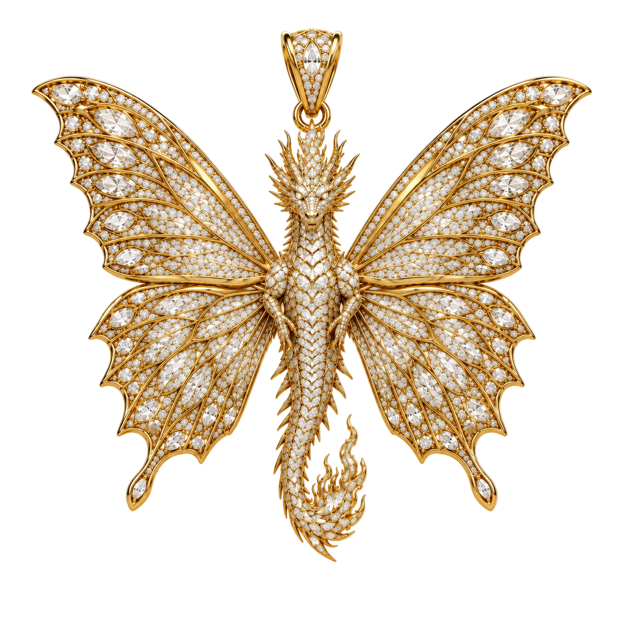 Custom gold and diamond Dragon Butterfly pendant detail view