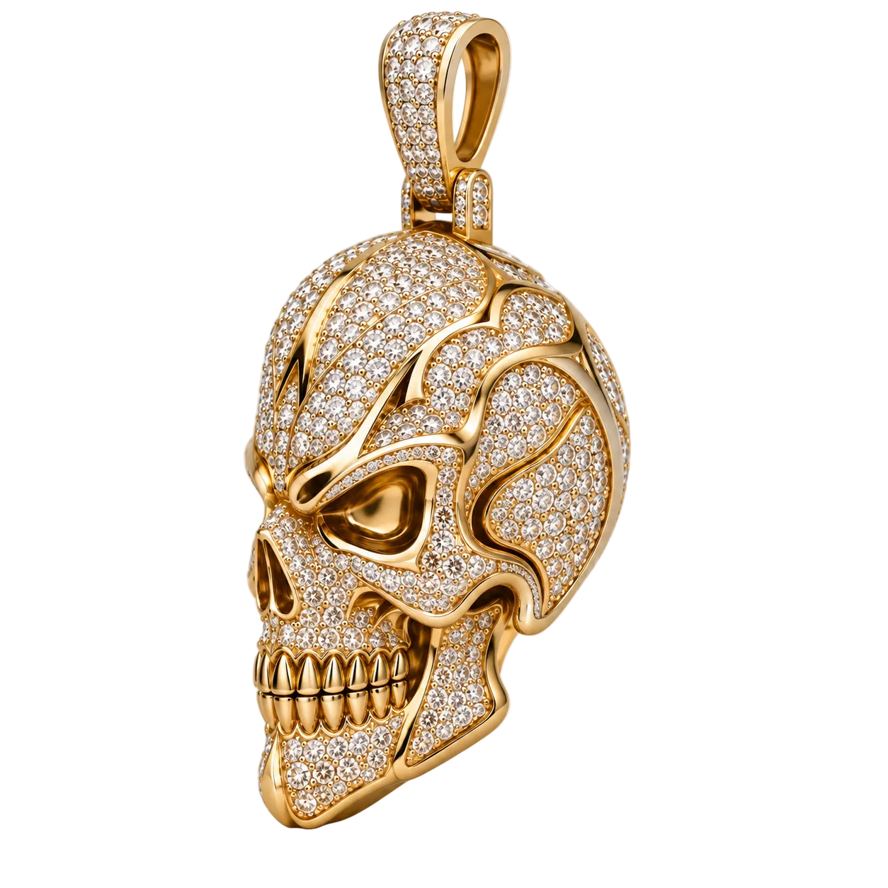 Custom gold and diamond Fire Skull pendant front view