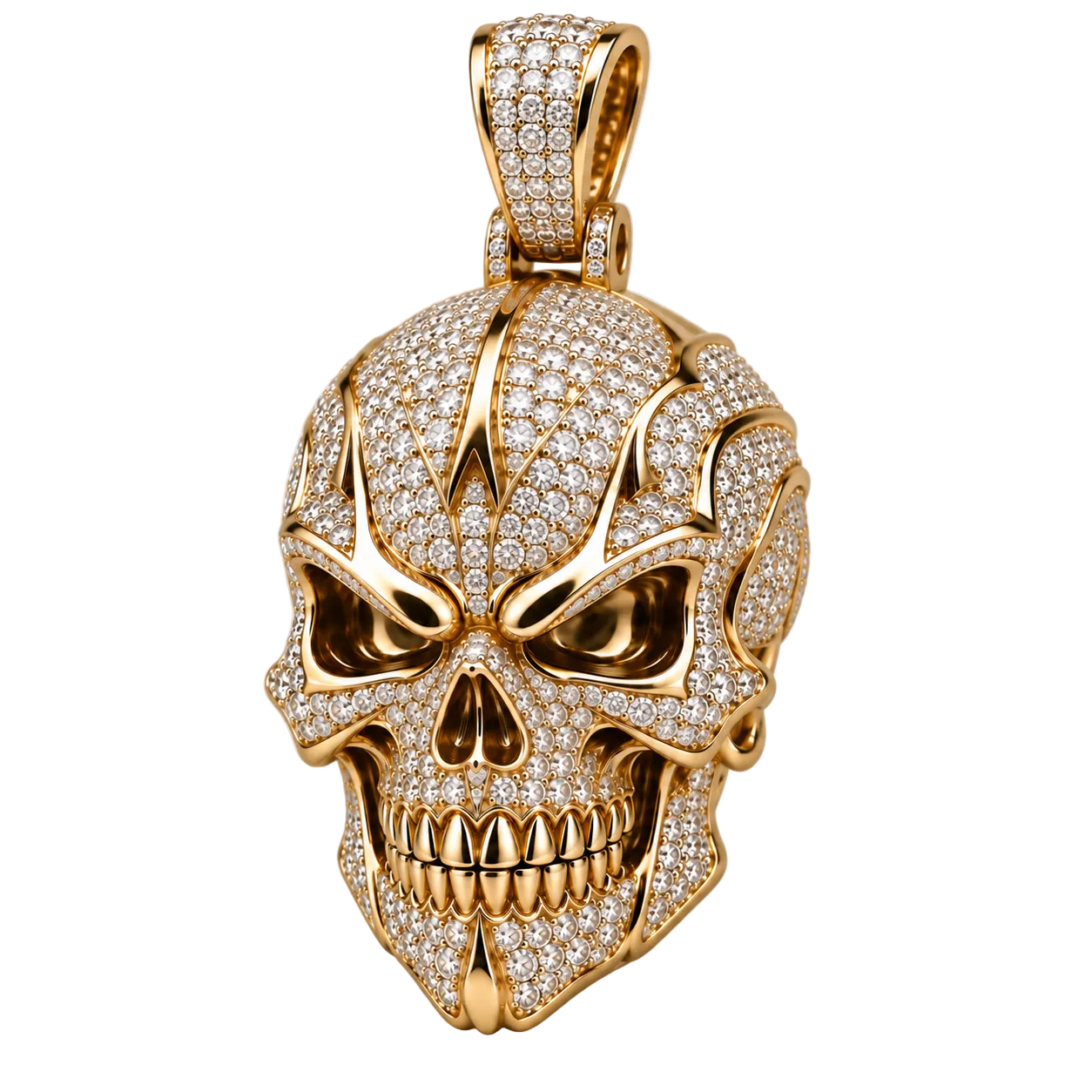 Custom gold and diamond Fire Skull pendant angled view