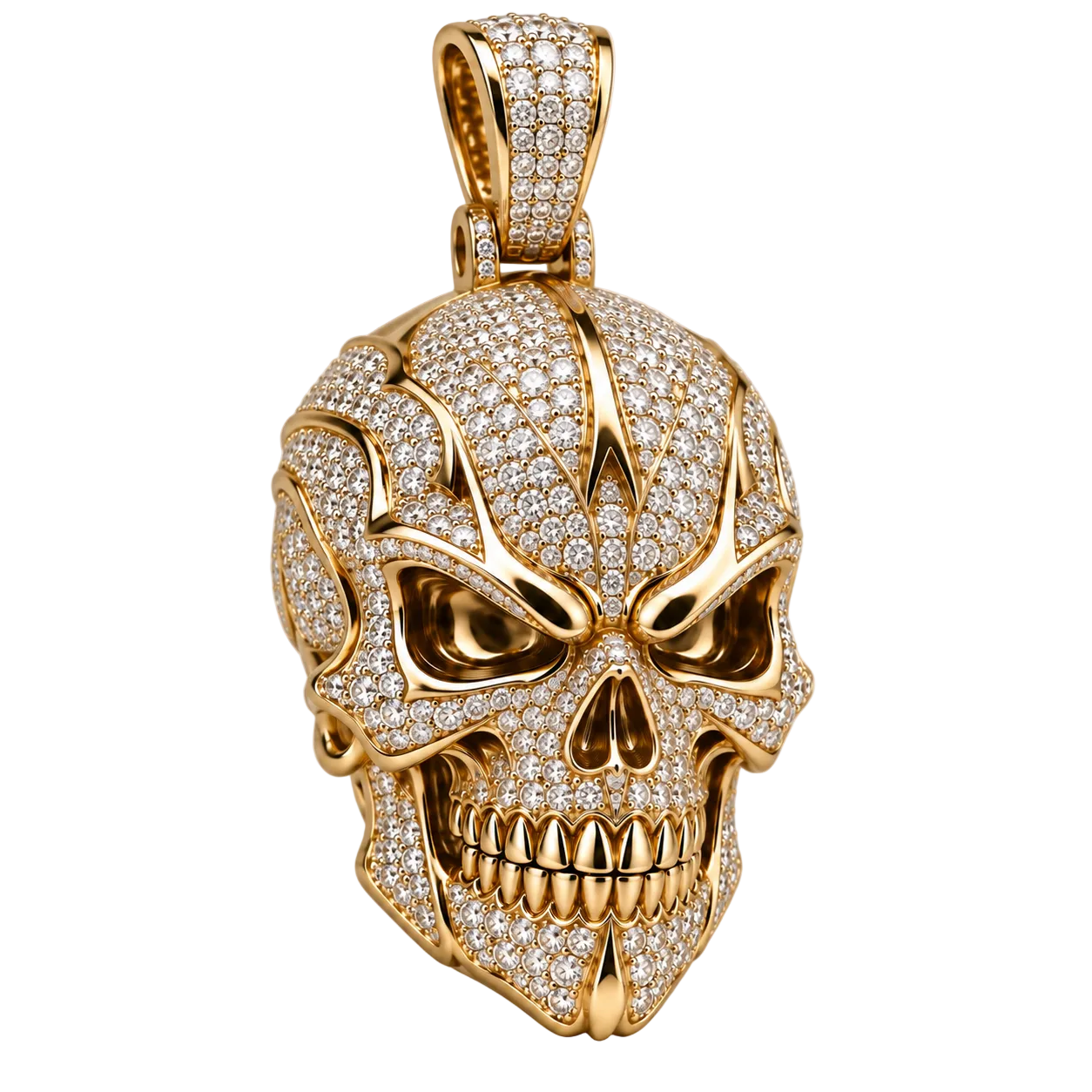 Custom gold and diamond Fire Skull pendant detail view