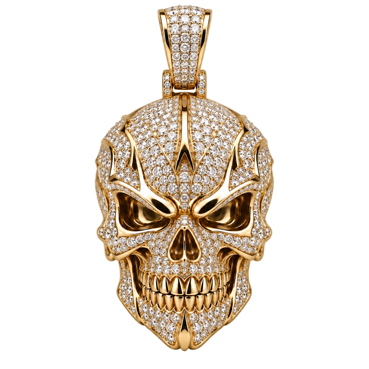 Custom gold and diamond Fire Skull pendant close up