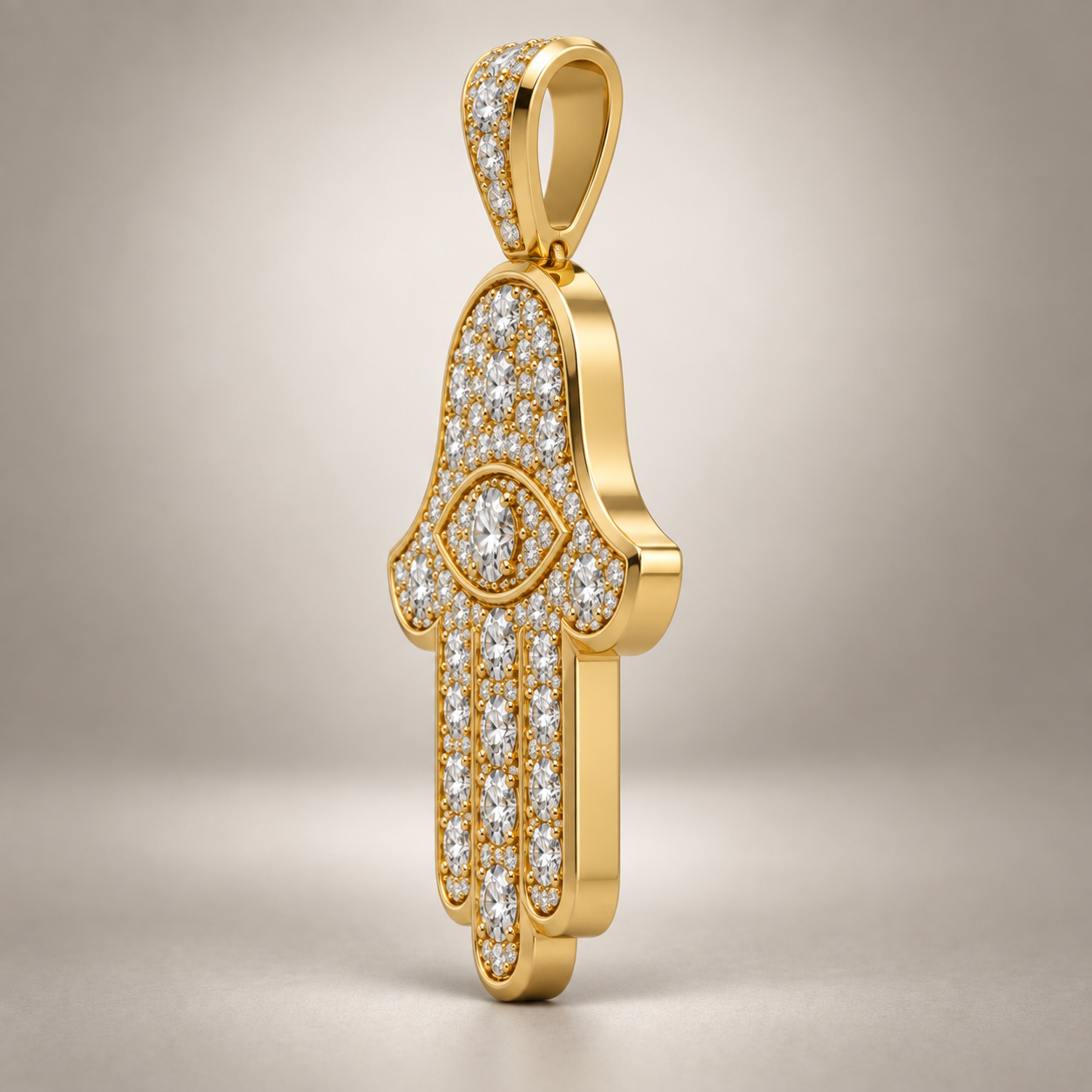 Custom gold and diamond Hamsa pendant side profile
